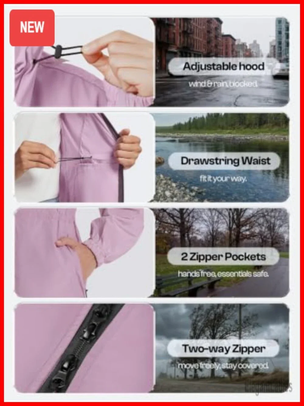 Lightweight Packable Raincoat Waterproof Hooded Windbreaker Long Rain Jacket